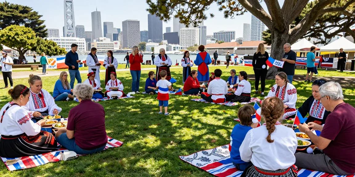 Community gathering of Polish residents in San Francisco celebrating culture at https://www.sfpol.com/ with traditional food and joyful interactions.