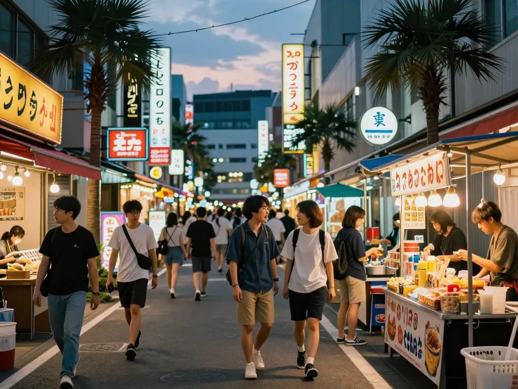 賑やかな夜の街と色とりどりのソープランドの看板が映える中洲ソープおすすめシーン。