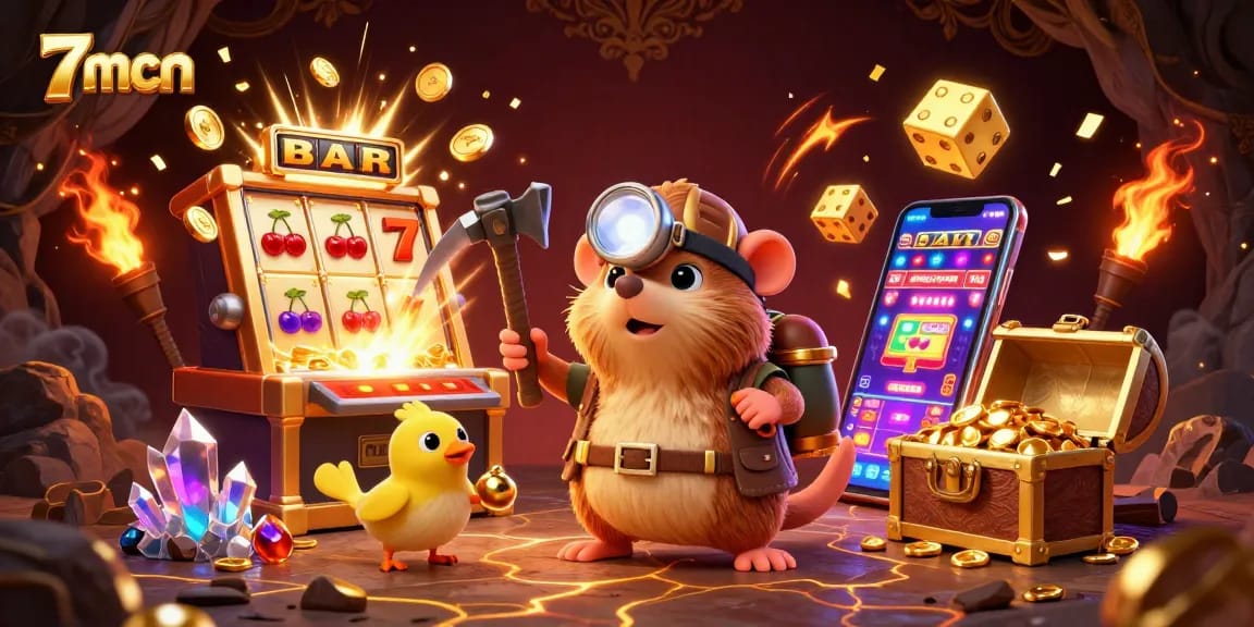 Experience thrilling 7mcn action with our treasure hunter mole in a vibrant casino scene!