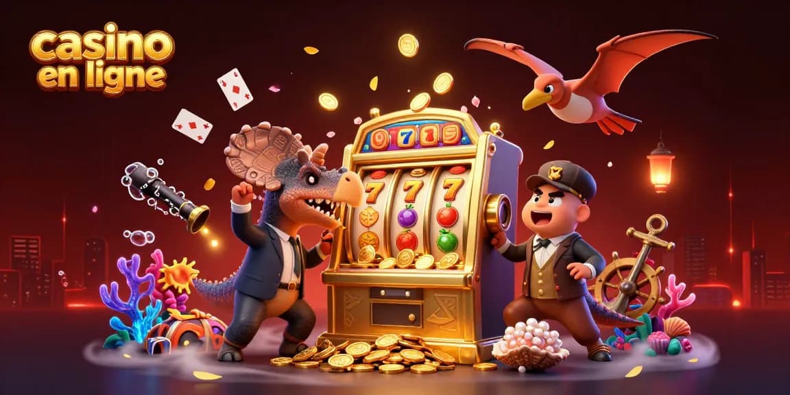 Illustration dynamique mettant en scène un casino en ligne avec un pachycephalosaurus sur une machine à sous dorée, récoltant des pièces d'or.