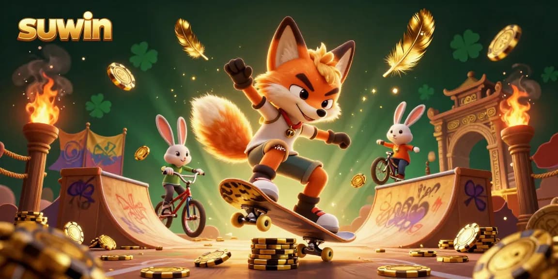 Suwin delivers winning strategies with a vibrant casino scene featuring a skateboarder fox and BMX rabbit.