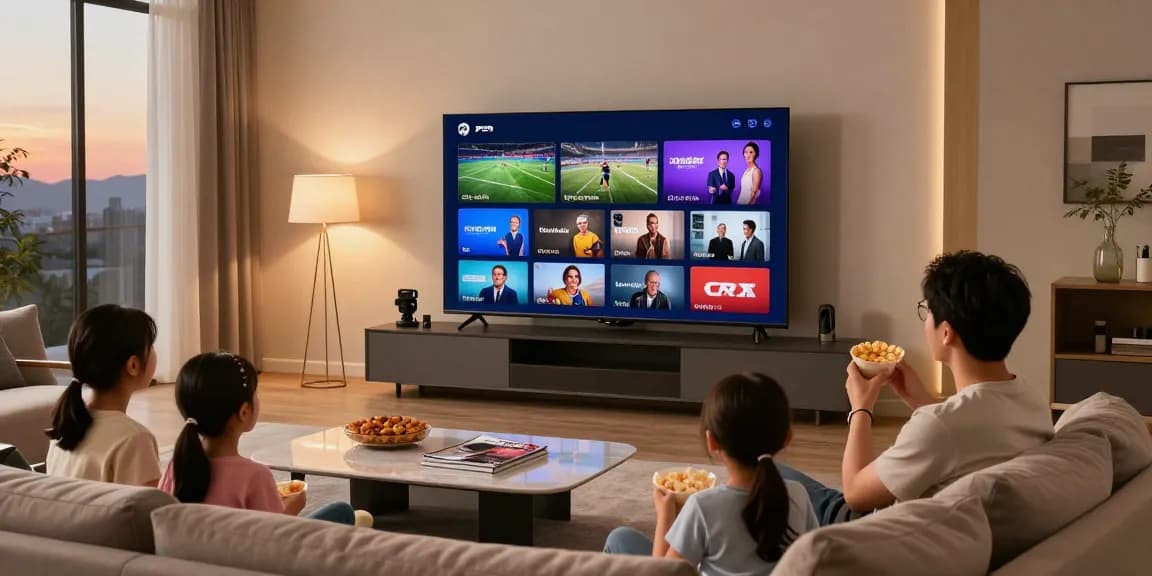 Famille profitant de l'iptv dans un salon moderne accueillant.