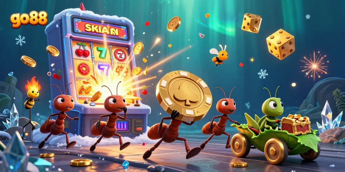 Experience thrilling adventure with go 88 as ants carry a massive poker chip amidst dynamic casino elements.
