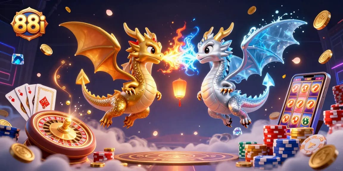 Experience the thrill of 88i with dynamic dragons and engaging casino elements in this captivating illustration.