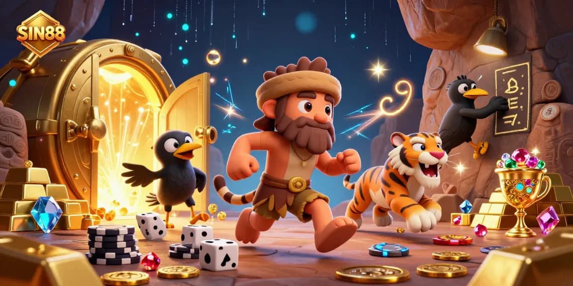 Experience the thrill of SIN88 with a lively prehistoric casino scene showcasing vibrant characters and play elements.