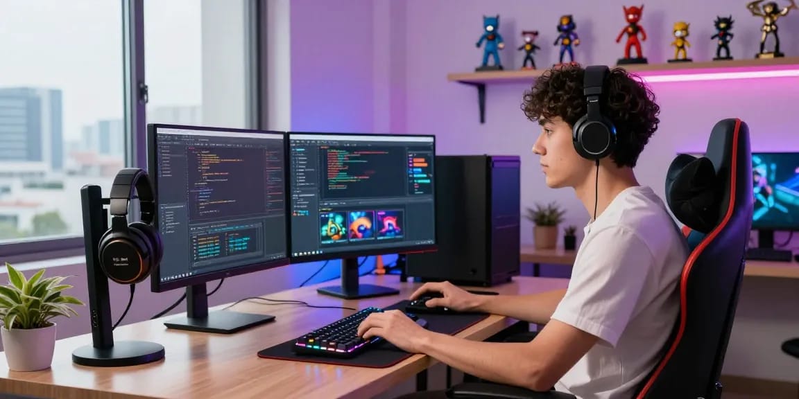 Home office scene showcasing kecak4d gaming setup with vibrant monitors and stylish decor