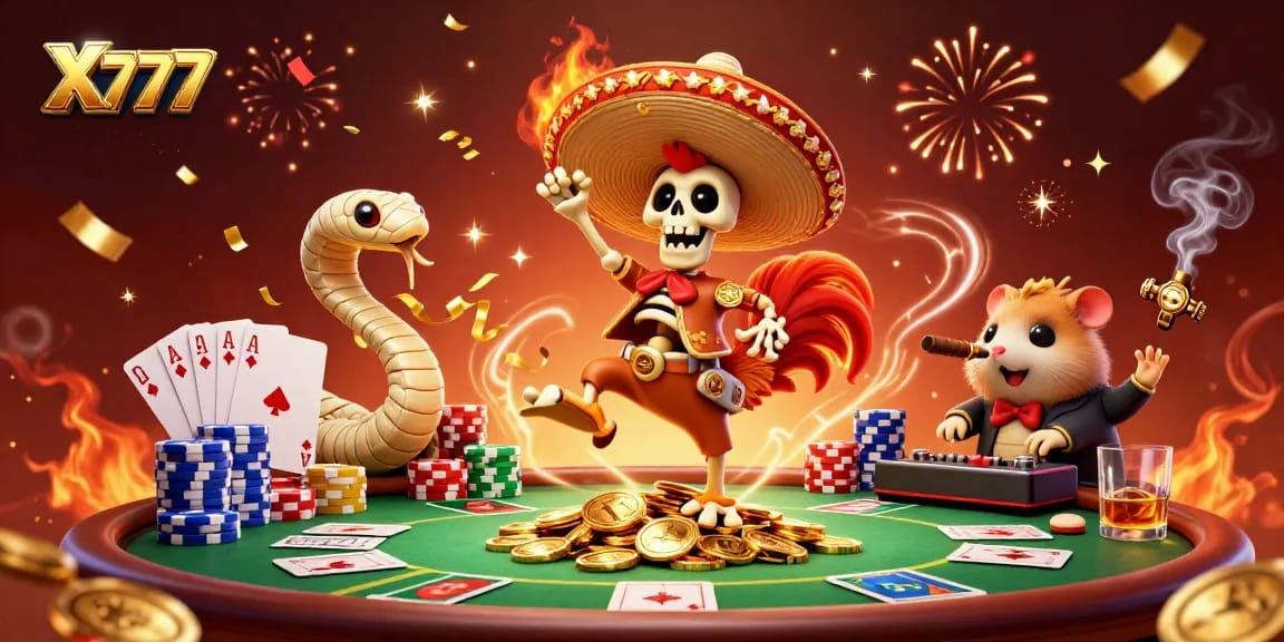 X777 gaming scene featuring a celebratory skeleton rooster, mummy snake, and DJ hamster at a poker table.