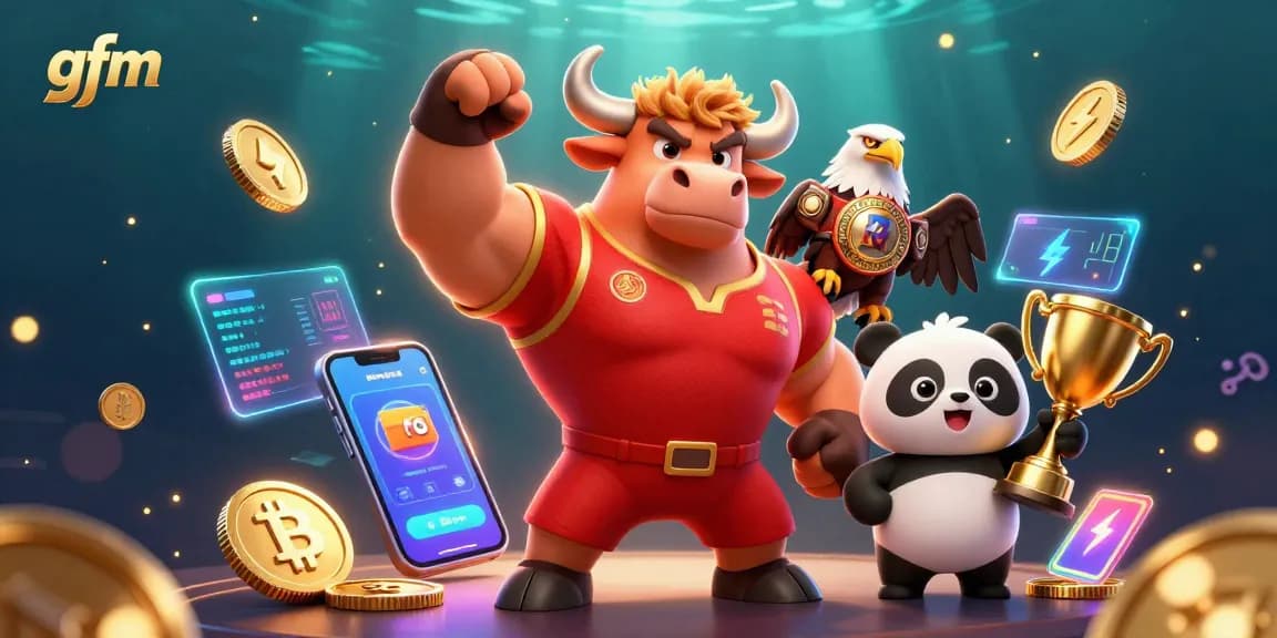 Showcasing gfm's engaging 3D casino scene with cartoon characters and vibrant cryptocurrency elements.