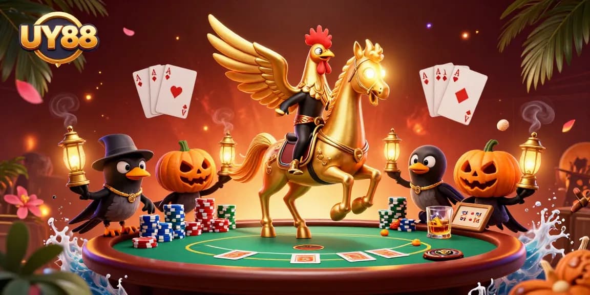 Experience UY88's thrilling gameplay in a vibrant, animated casino scene with unique characters.