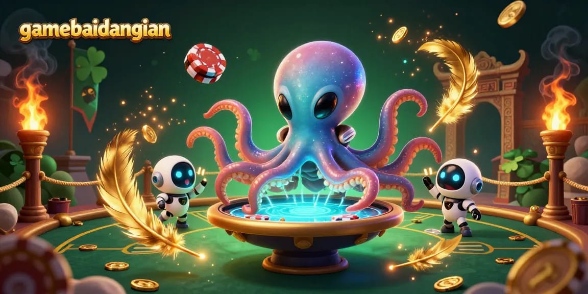 Engage in thrilling gameplay at gamebaidangian with an alien octopus mastering poker in a vibrant casino universe.