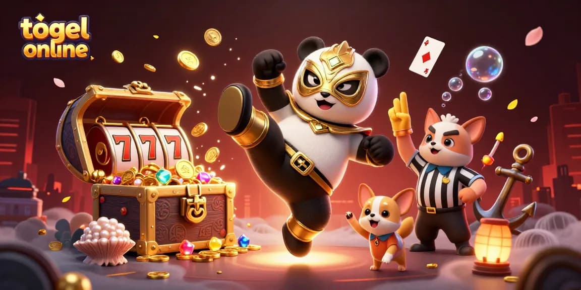 Engage in thrilling togel online action with a vibrant scene featuring a lucha panda and cheering animal crowd.
