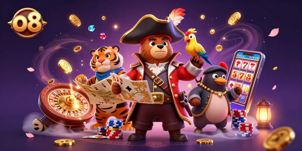 Experience thrilling gaming at o8 with a pirate captain bear and treasure elements in a vibrant casino scene.