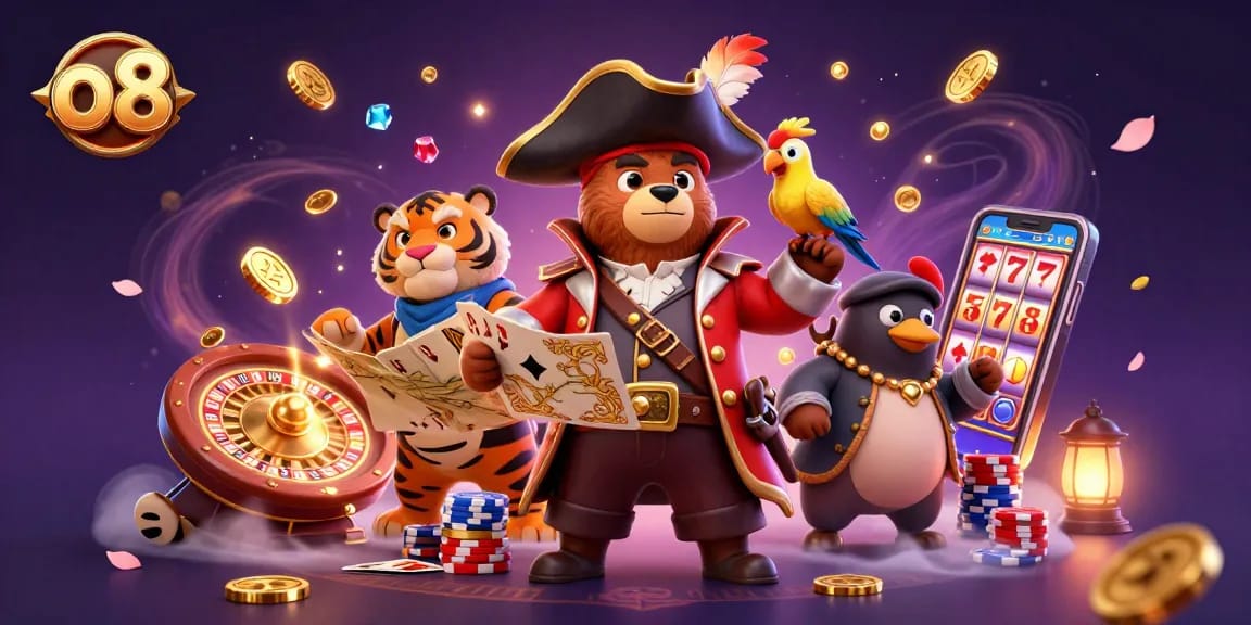 Experience thrilling gaming at o8 with a pirate captain bear and treasure elements in a vibrant casino scene.
