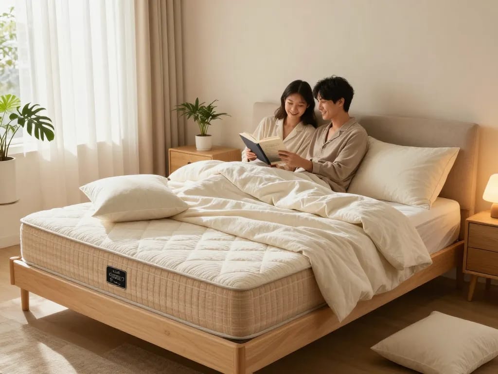 Couple relaxing on a plush natural mattress in a serene bedroom.