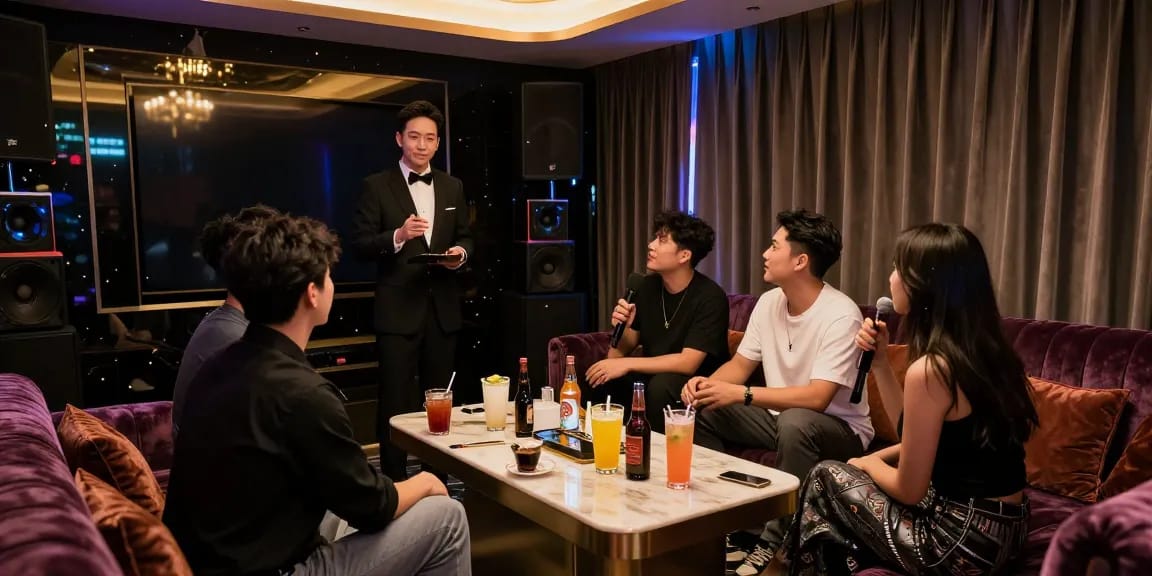 강남쩜오 고급 노래방에서 프리미엄 음료와 함께 즐기는 파티 분위기.