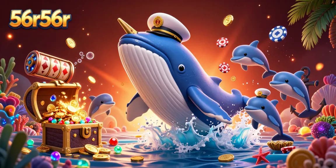 Experience thrilling gameplay with 56r56r, featuring a dynamic whale, poker chips, and slot reels.