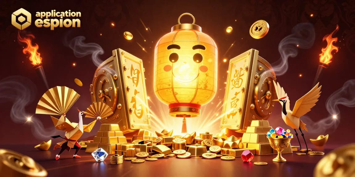 Application espion présente un esprit lantern lumineux au-dessus d'un casino, rempli de trésors et de jeux.