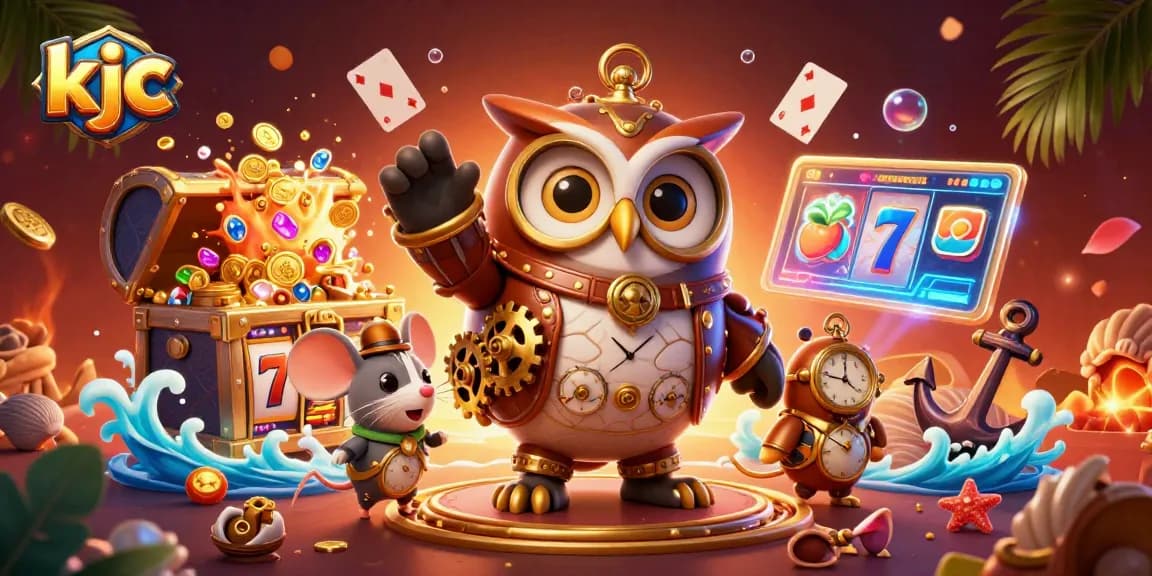 Spin the reels with KJC's vibrant steampunk owl and clockwork mouse in a dynamic casino scene.