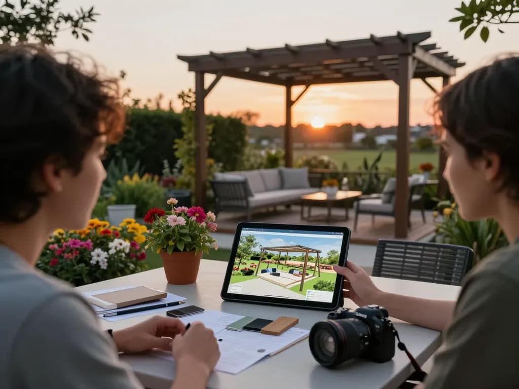 3D Pergola Configurator in use as a designer and client collaborate outdoors on a stunning garden layout.