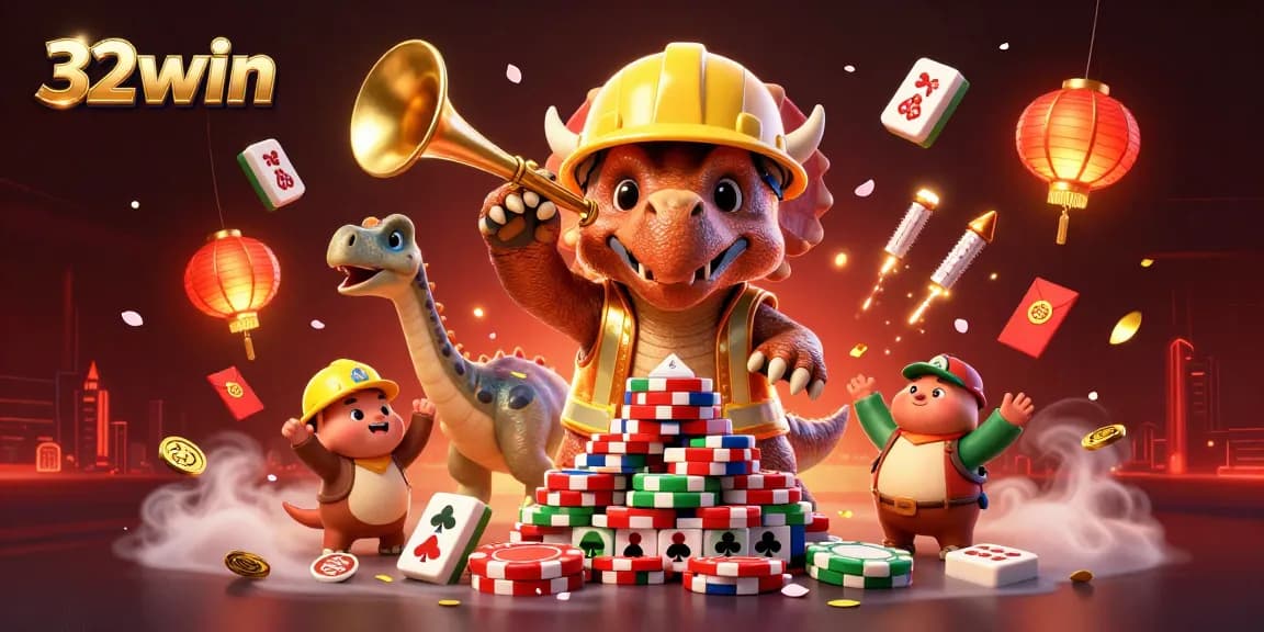32win engages players with an exciting 3D casino illustration featuring vibrant characters and dynamic gaming elements.