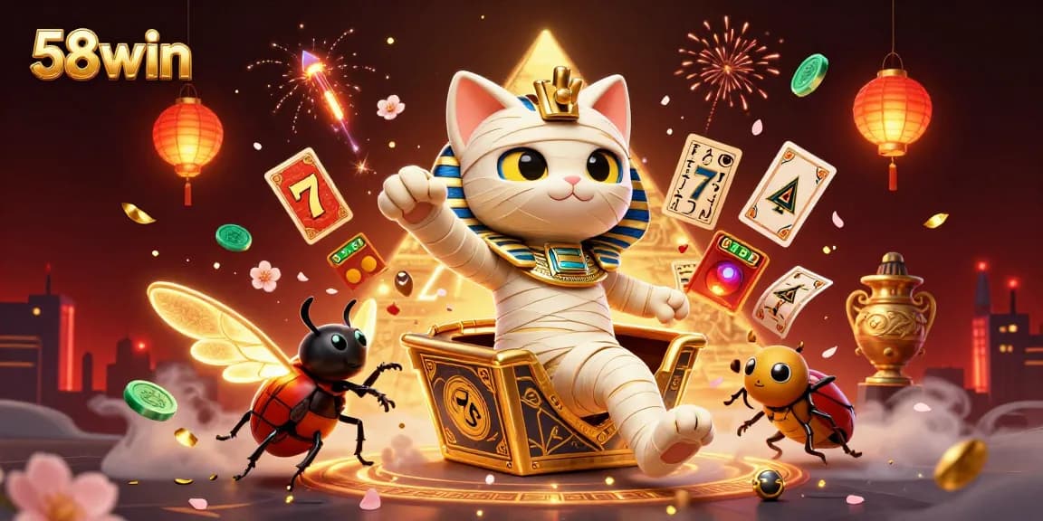 Engage with 58win's vibrant casino scene featuring an Egyptian mummy cat and slot game elements.