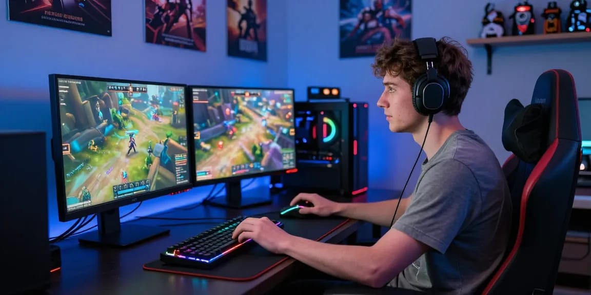 Dynamic gaming setup showcasing CIKA4D access with vibrant graphics and gear.