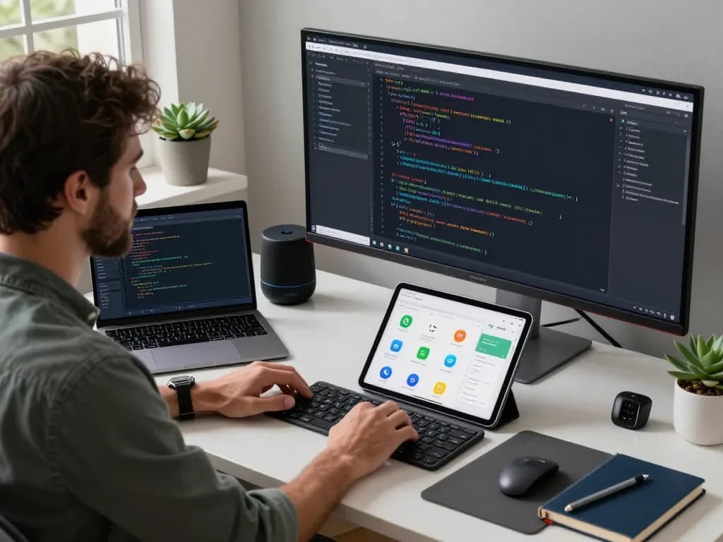 Developer working with Clawdbot interface in a modern office setup, showcasing smart tech integration.