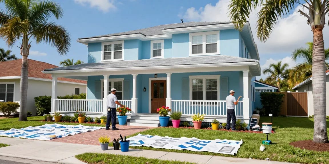 Exterior painting by professional painters in Sarasota FL, showcasing a beautiful home and vibrant colors.