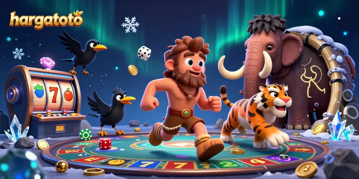 Experience hargatoto's thrilling jackpot world with a dynamic 3D casino scene featuring iconic game elements.