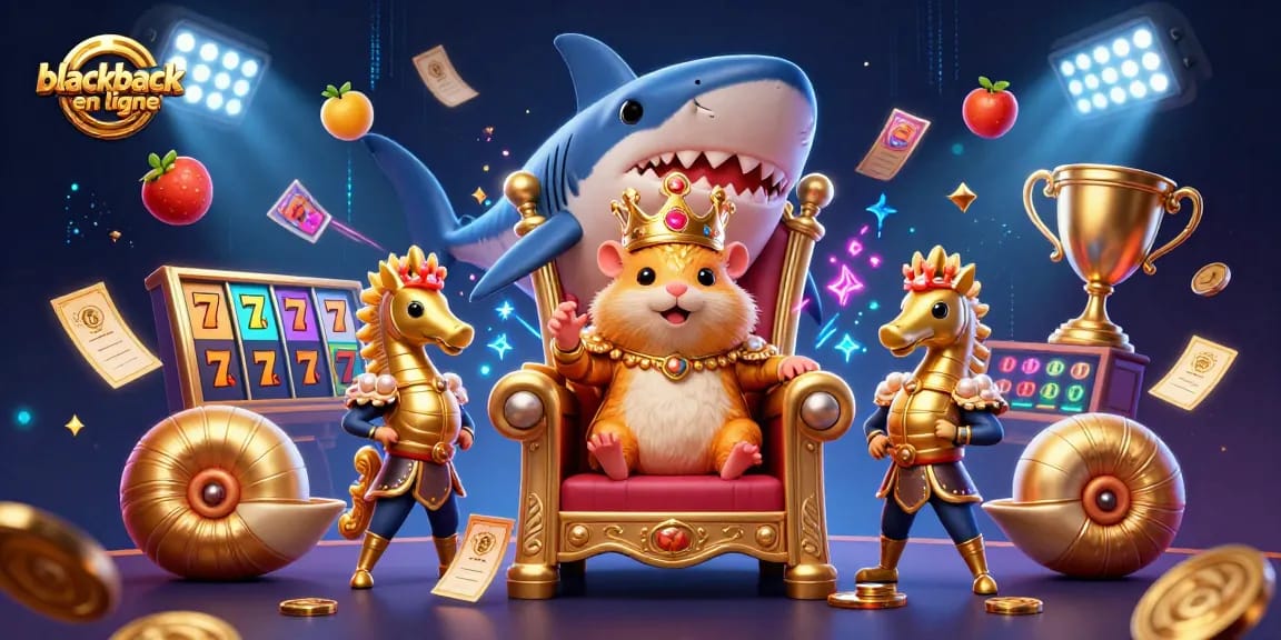 Jouez à blackjack en ligne avec le roi hamster sur son trône, entouré d'éléments de casino dynamiques.