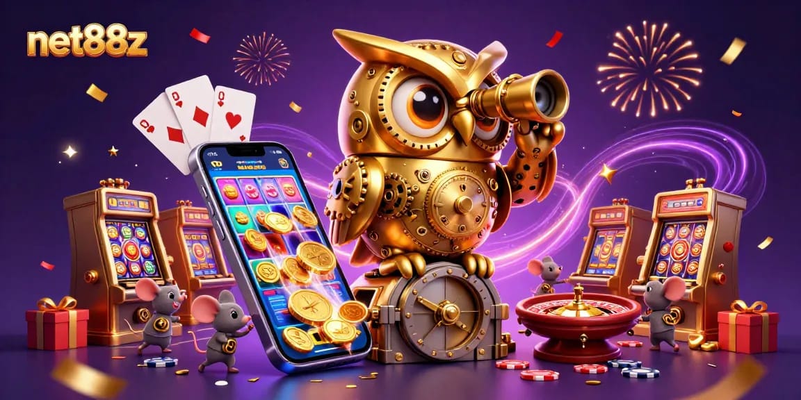 Engage with net88z - a vibrant 3D casino scene featuring spinning slots, celebrating characters, and colorful elements.
