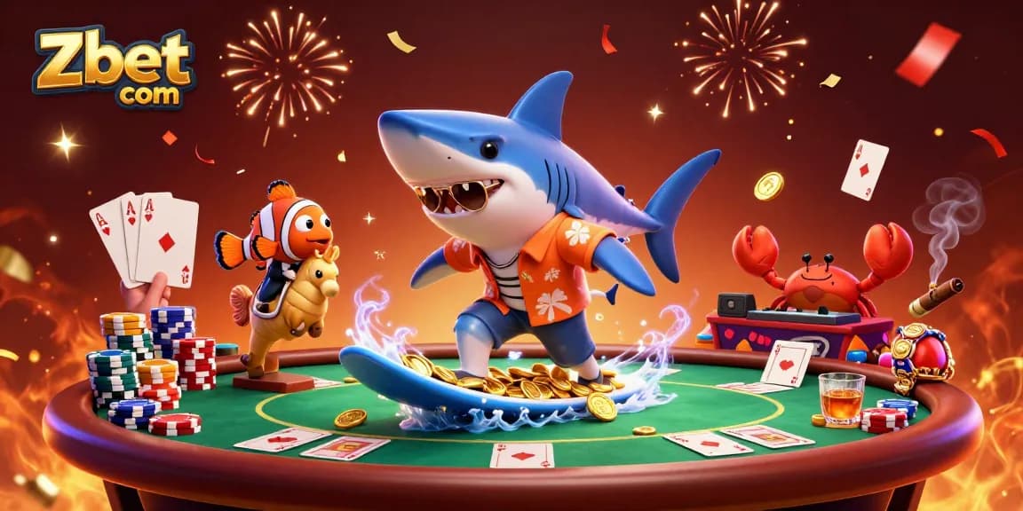 Zbet com showcases an action-packed casino scene with a shark surfing gold coins and lively characters.