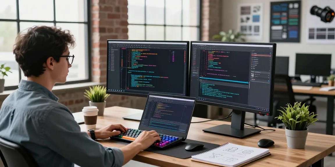 Developer using 截图软件 on dual monitors in a modern workspace.