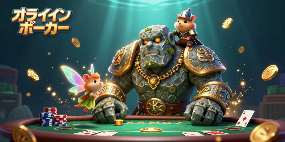オンラインポーカーのポーカーテーブルで賭けるさまざまなプレイヤーたちの情熱を描く3Dイラスト