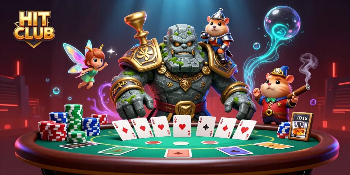 Experience thrilling gaming action at HIT CLUB with vibrant poker elements and dynamic characters.
