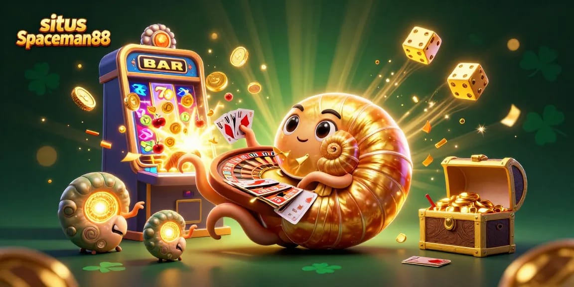 Win big with situs spaceman88 featuring a dynamic 3D casino illustration with slot machines and winning symbols.