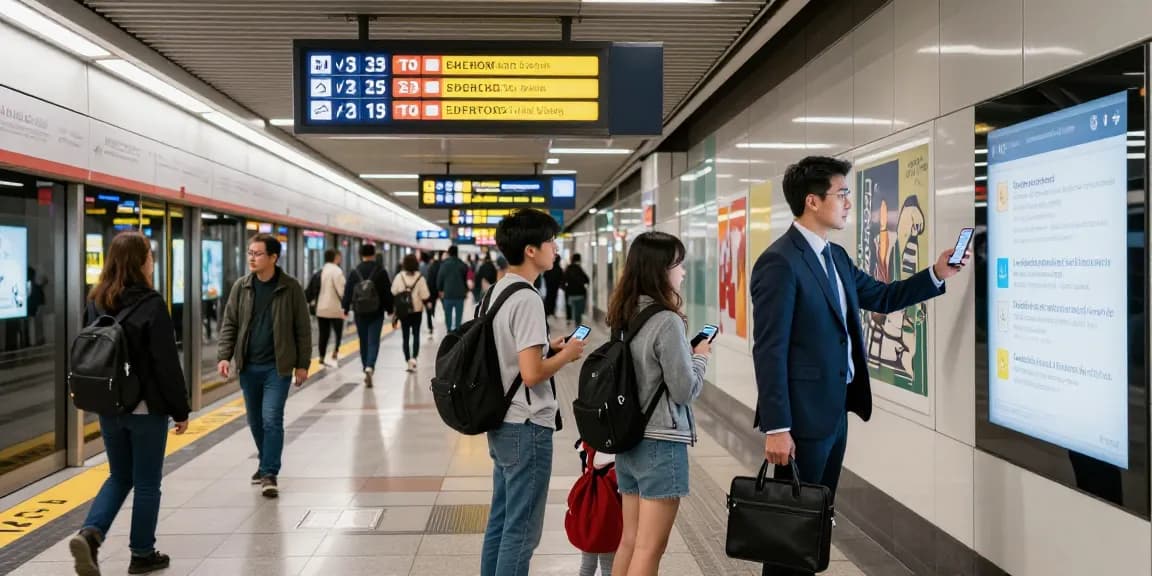 Real-time subway service alerts displayed at busy urban station with diverse commuters.