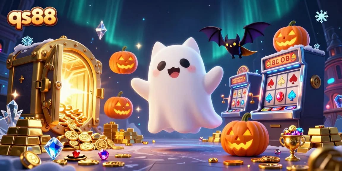 Experience the thrill of qs88 with a ghost cat in a vibrant, haunted casino setting.