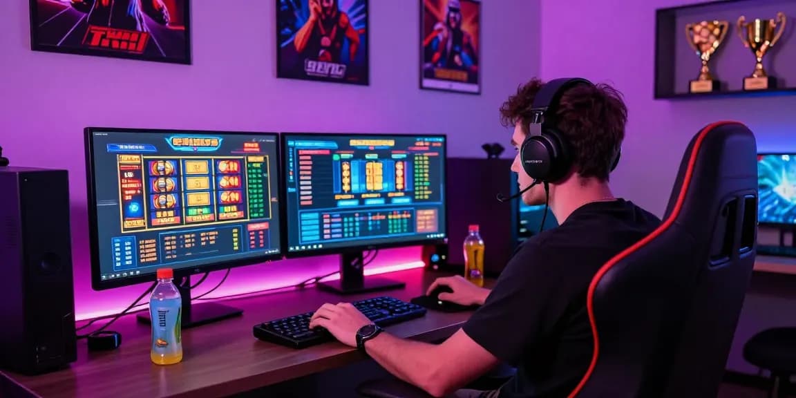 Koitoto online gaming setup featuring vibrant slot game displays and engaging gamer atmosphere.