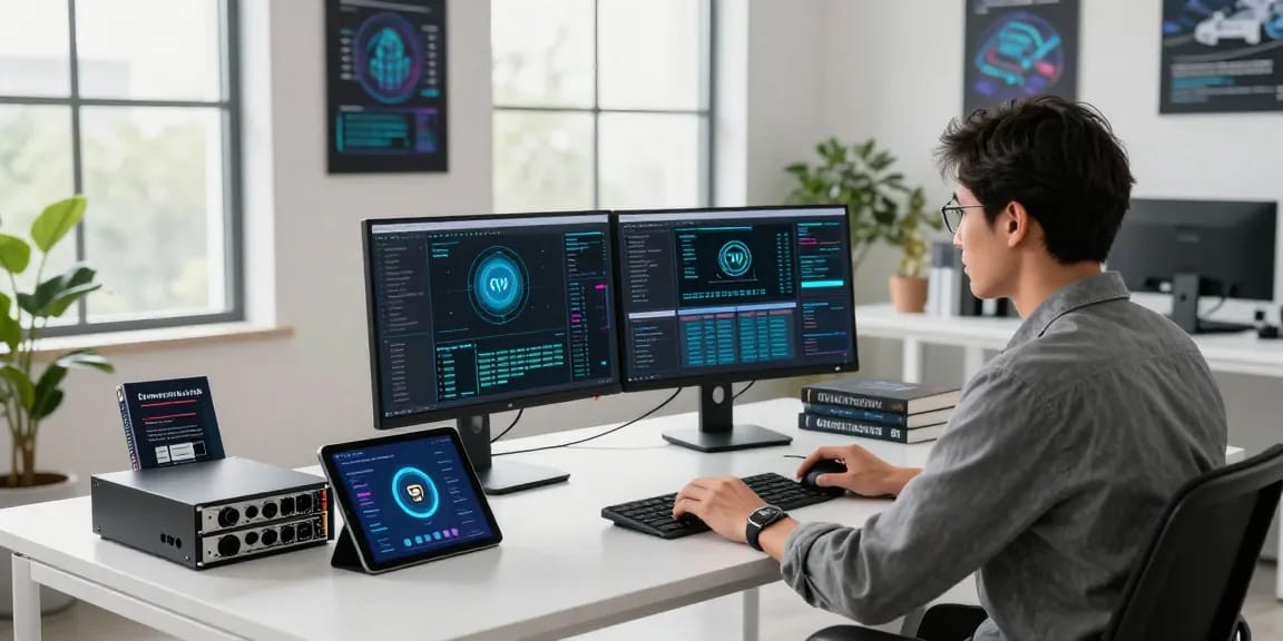 A focused cybersecurity expert in a modern CVV shop workspace analyzing CVV data with advanced software.