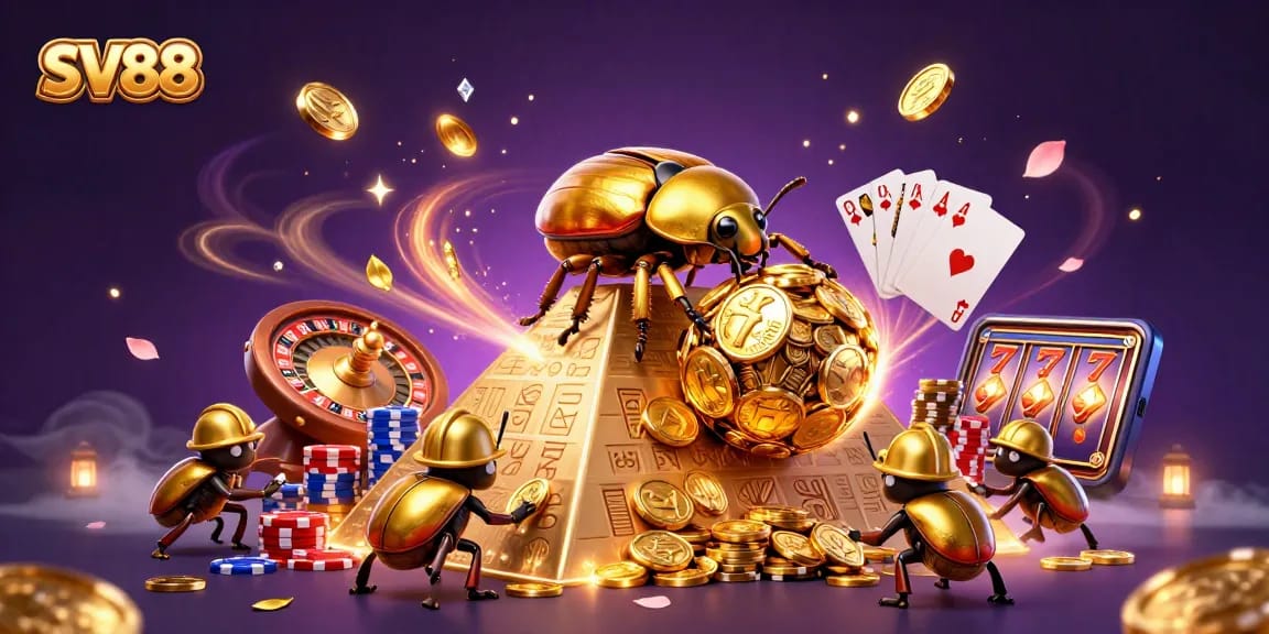 Engage with SV88's vibrant online casino experience, featuring golden coins and a dynamic roulette scene.