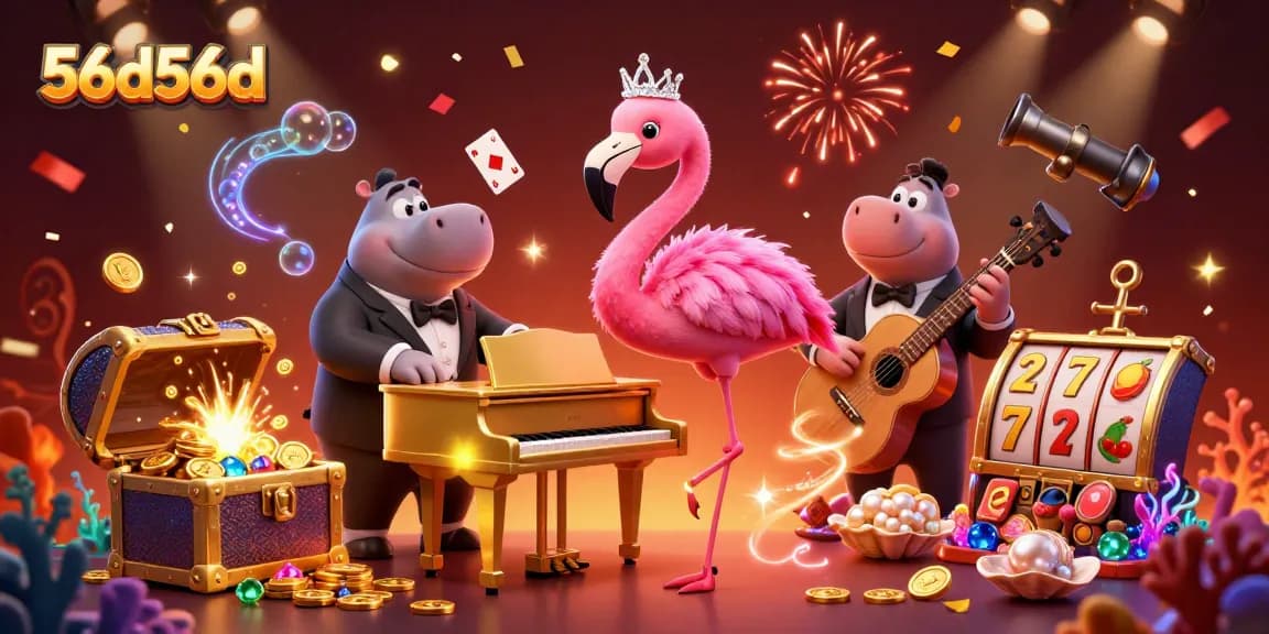 Watch 56d56d's vibrant casino scene with a flamingo singer, hippo bassist, and thrilling slot elements.