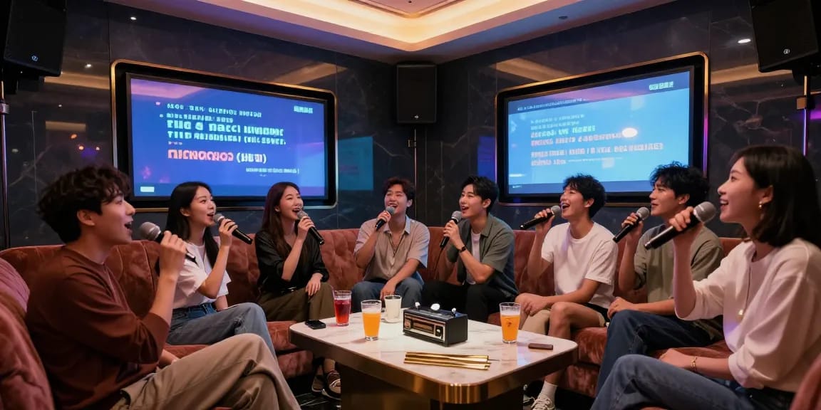 강남가라오케에서 친구들과 함께 즐거운 노래를 부르는 고급스러운 룸의 모습