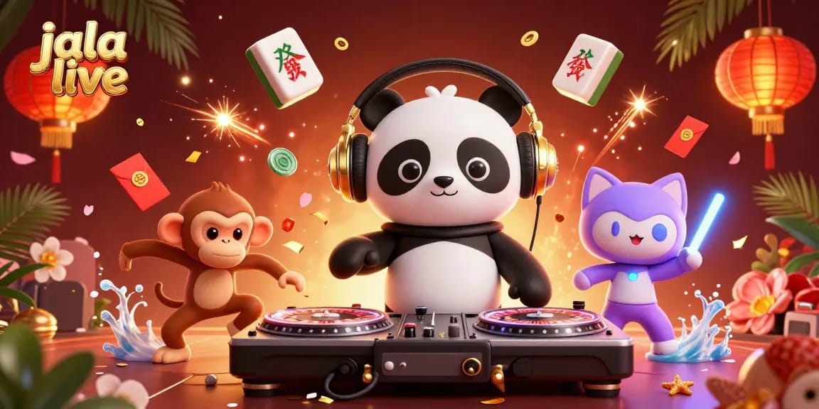 Experience thrilling moments with jala live as DJ panda spins on roulette wheels amidst vibrant casinos.