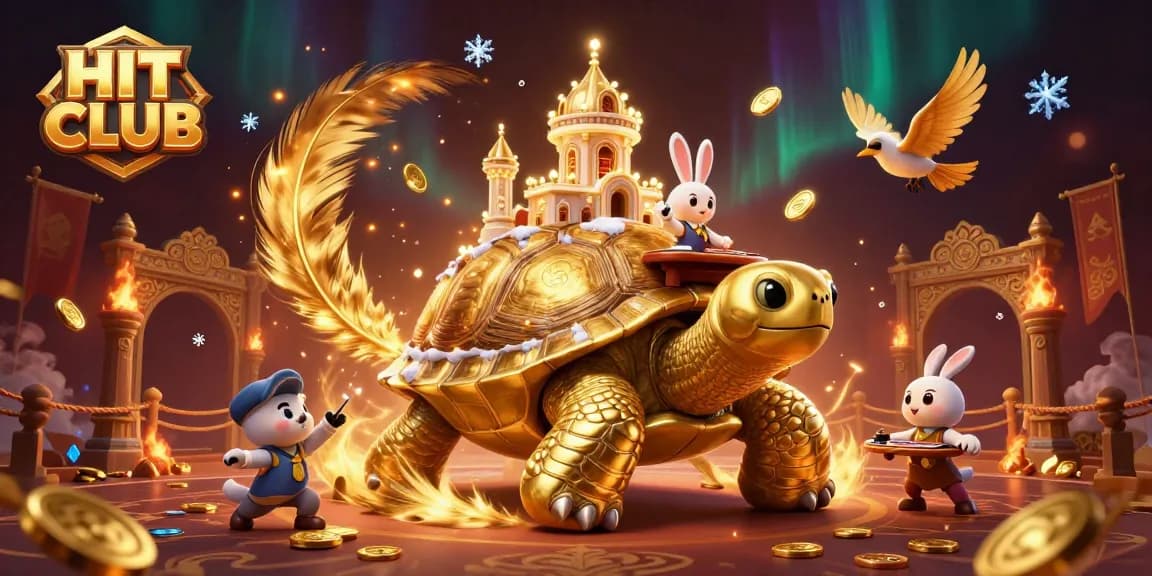 Experience the thrill of HIT CLUB with a vibrant 3D illustration showcasing a golden tortoise casino and lively action.