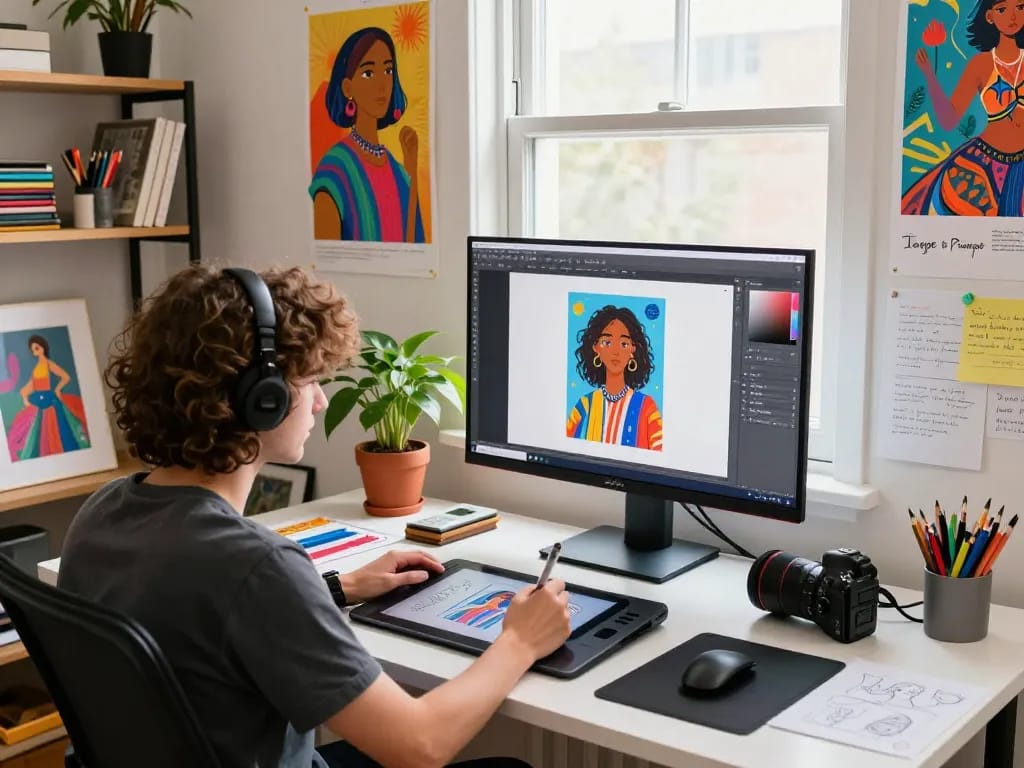 Digital artist using the image to prompt tool in a cozy workspace with vibrant art and natural light.