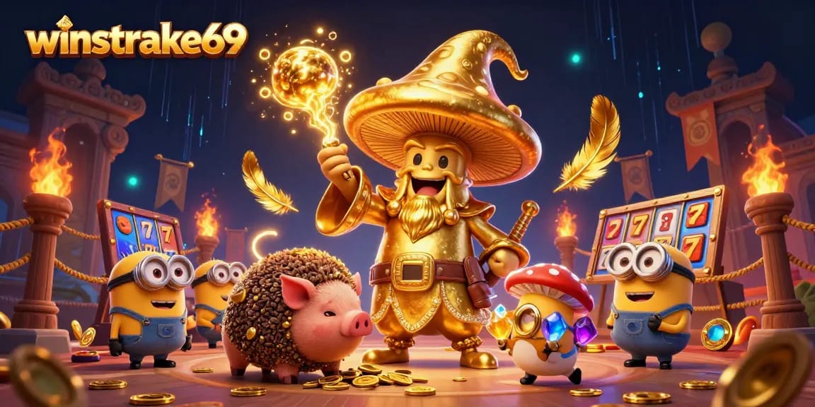 winstrike69 showcases a vibrant casino scene with a golden mushroom wizard and treasure, rich in gambling elements.
