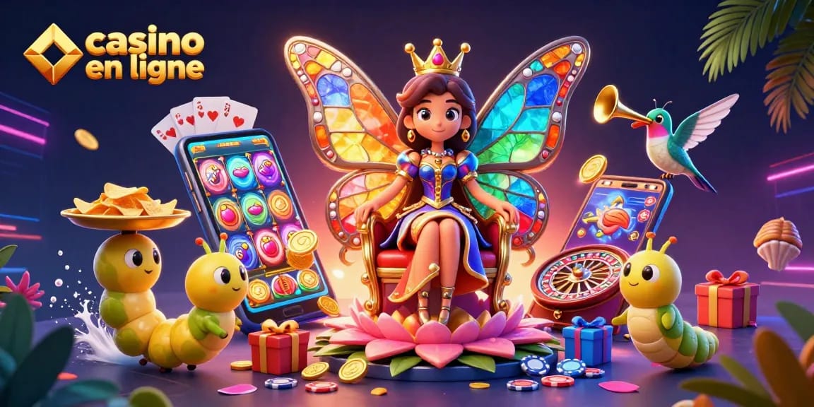 Découvrez les jeux variés dans un casino en ligne coloré avec une reine papillon et des jetons d'or.