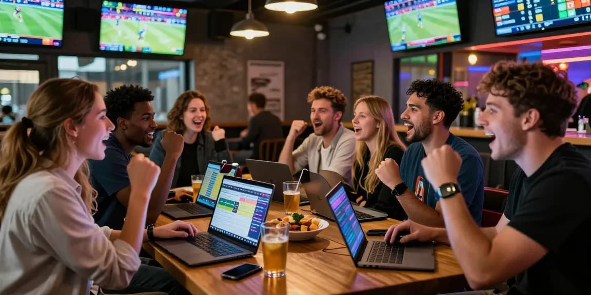 Ambiance festive dans un bar sportif avec des amis analysant les paris chez un bookmaker sans limite de mise.