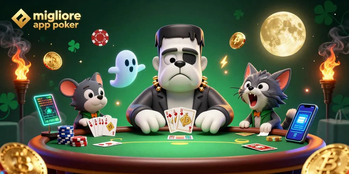 Migliore app poker: Un bulldog Frankenstein gioca a poker nel mondo digitale, con elementi vivaci e thriller.
